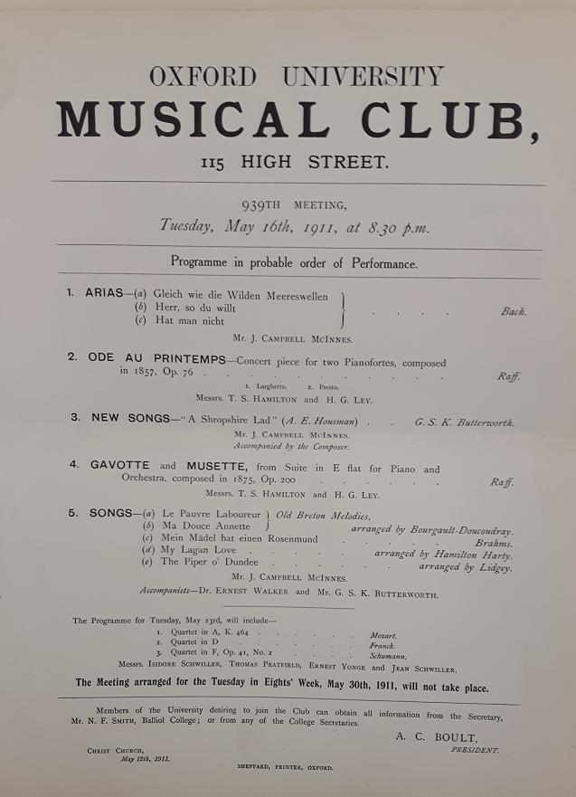 Program for a concert on May 16, 1911, that featured Butterworth's A Shropshire Lad