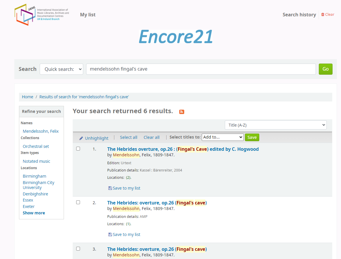 Screenshot of Encore 21 as used by IAML UK & Ireland