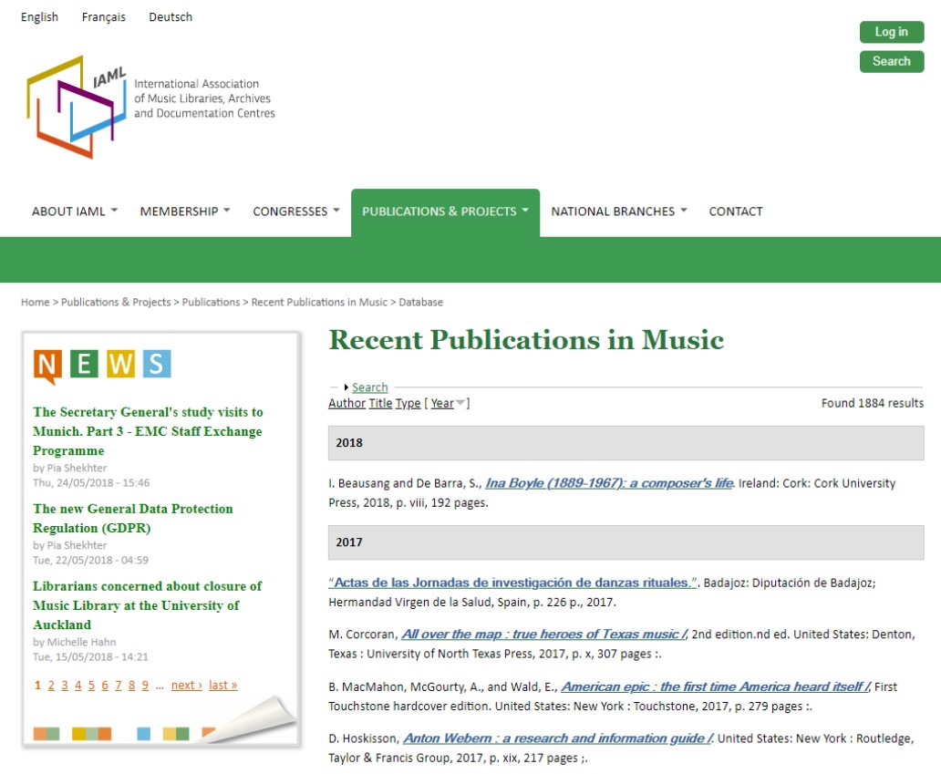 view of the Recent Publications in Music Landing Page, captured May 31, 2018.