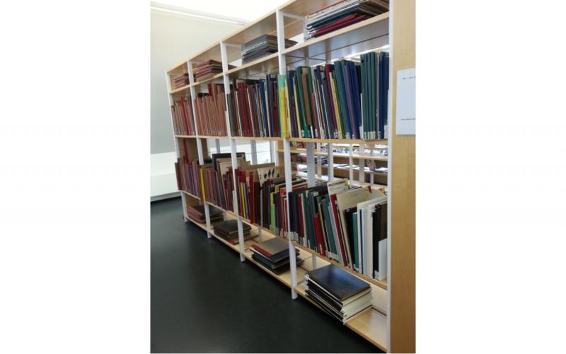 Image of shelving for oversized music scores at university library.